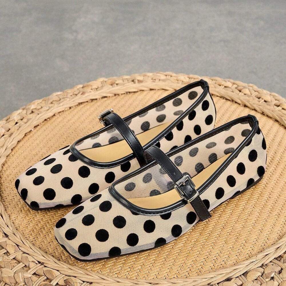 Apricot Casual Women's Plus Size Square Toe Polka Dot Mary Jane Shoes - Picture 1 of 5